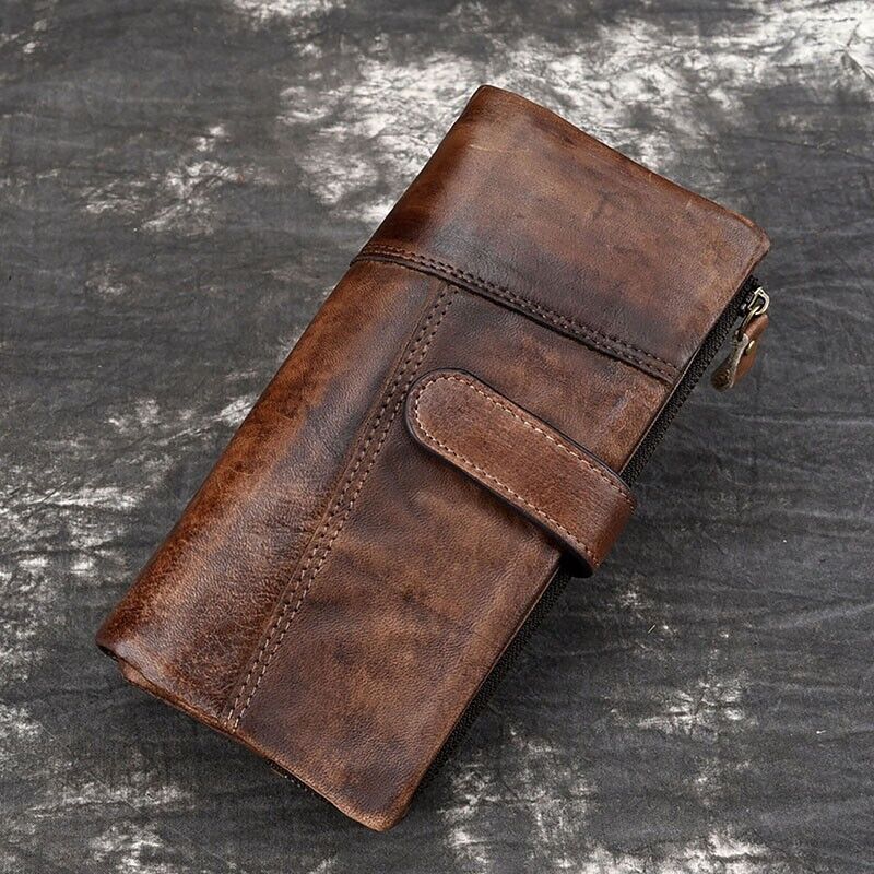 RFID Men's Long Leather Credit Card Wallet Detachable Zipper Pocket Billfold