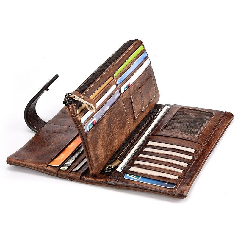 RFID Men's Long Leather Credit Card Wallet Detachable Zipper Pocket Billfold