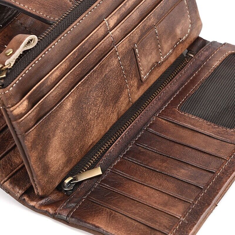 RFID Men's Long Leather Credit Card Wallet Detachable Zipper Pocket Billfold