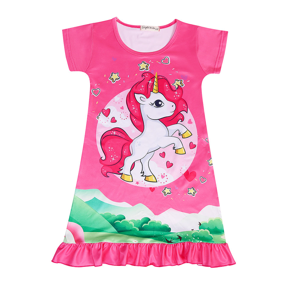 Kid Girls Cotton Nightgowns Short Sleeve Cute Cartoon Print Sleep Shirt Unicorn