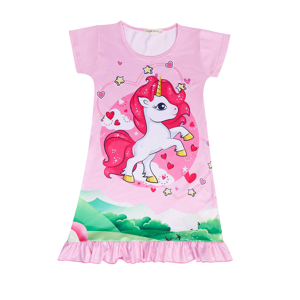 Kid Girls Cotton Nightgowns Short Sleeve Cute Cartoon Print Sleep Shirt Unicorn