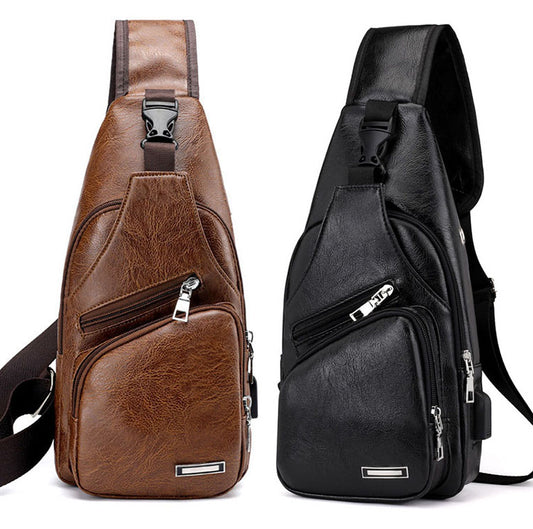 Men's Leather Sling Chest Pack Cross Body Shoulder USB Charging Port Sport Bag