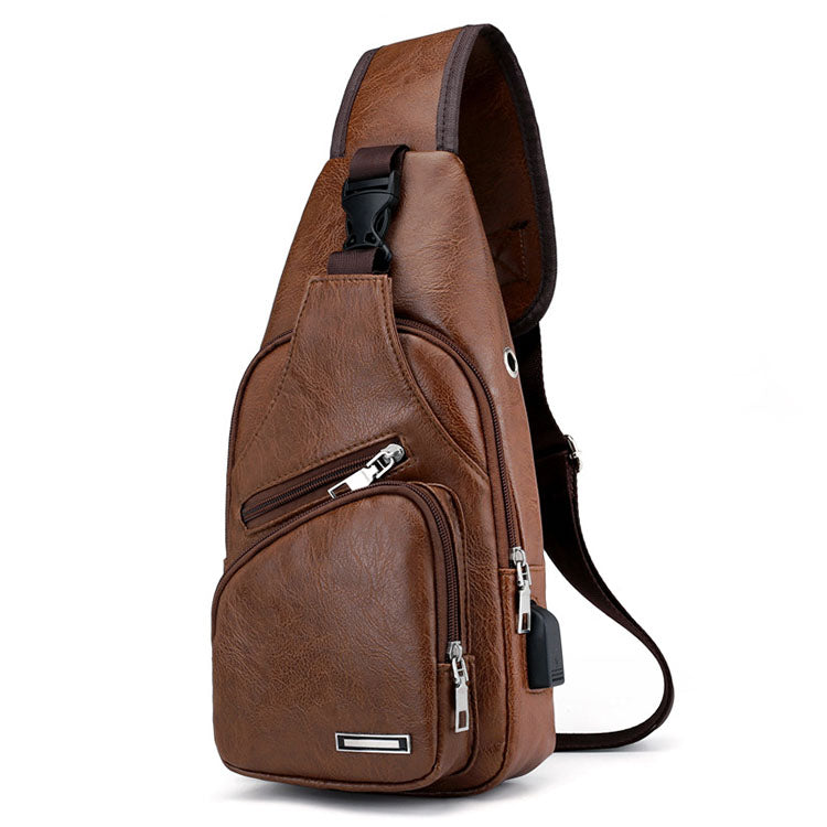 Men's Leather Sling Chest Pack Cross Body Shoulder USB Charging Port Sport Bag