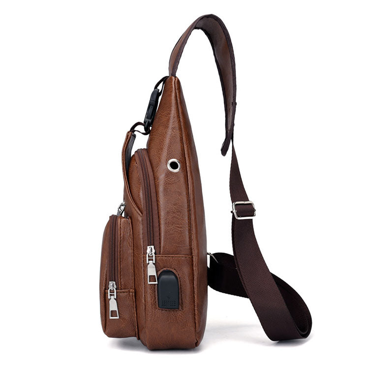 Men's Leather Sling Chest Pack Cross Body Shoulder USB Charging Port Sport Bag