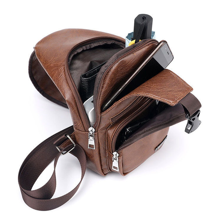 Men's Leather Sling Chest Pack Cross Body Shoulder USB Charging Port Sport Bag