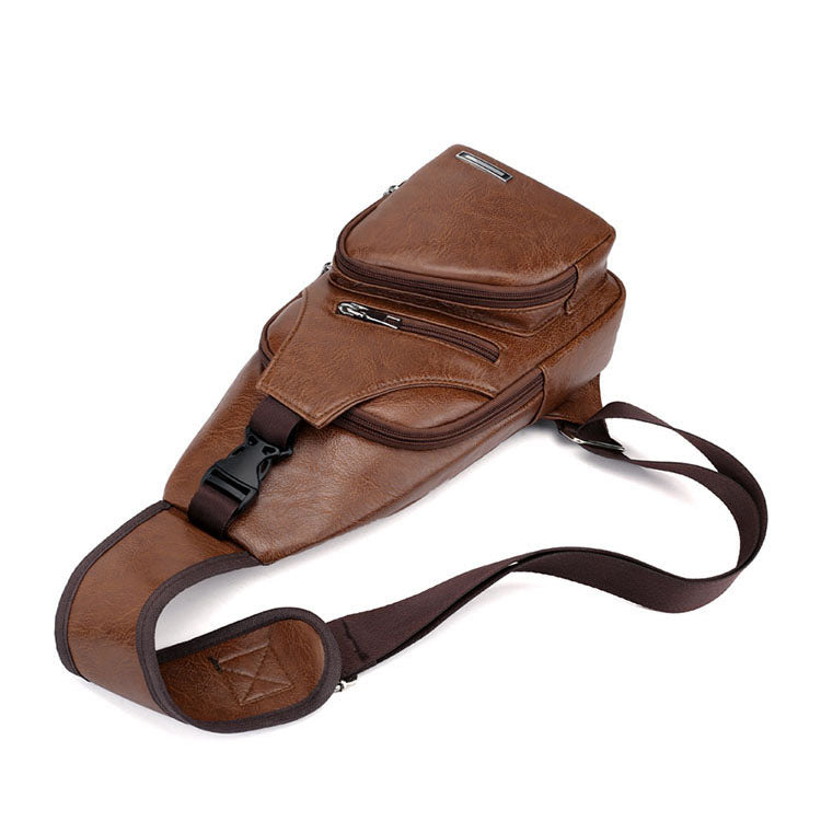 Men's Leather Sling Chest Pack Cross Body Shoulder USB Charging Port Sport Bag