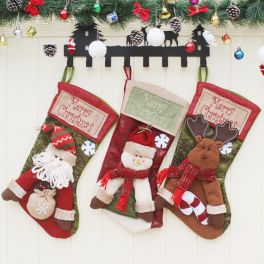 18" Xmas Stocking Deer Santa Snowman Burlap Plaid Christmas Decoration