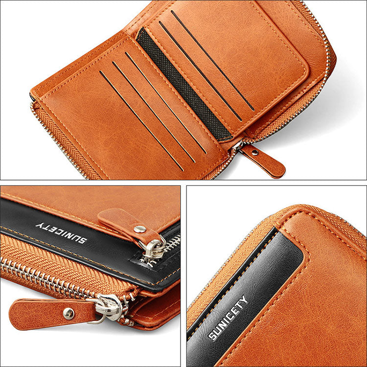 RFID Men's Bifold Leather Card Holder Wallet w/ Zip Coin Pocket Convenient Purse