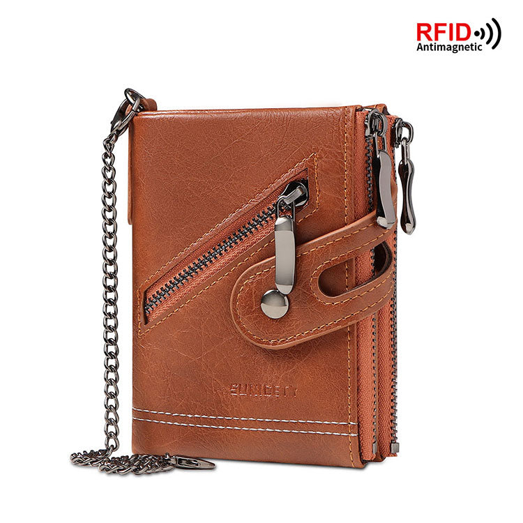 RFID Men’s Leather Bifold ID Card Holder Wallet w/ Chain Billfold Clutch Purse