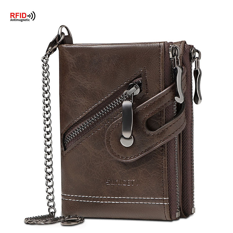 RFID Men’s Leather Bifold ID Card Holder Wallet w/ Chain Billfold Clutch Purse