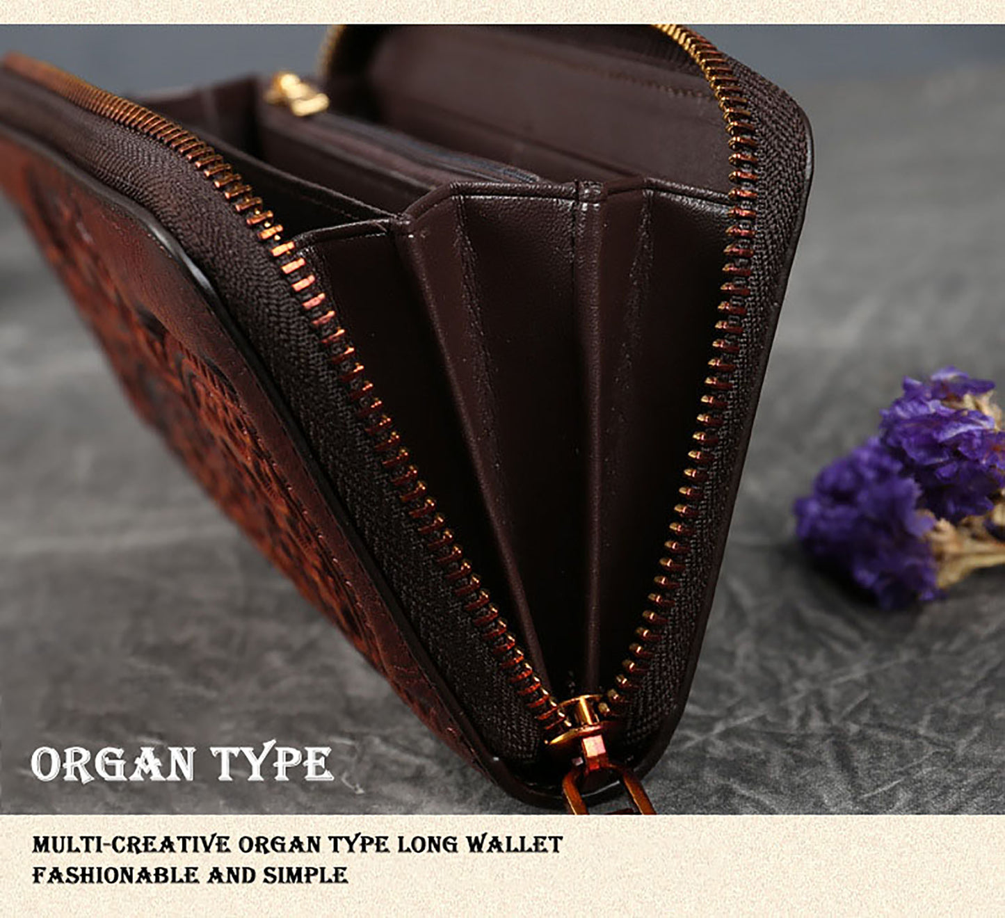 Women's Genuine Leather Carved Wallet Vintage Long Wallet Fashion Handbag