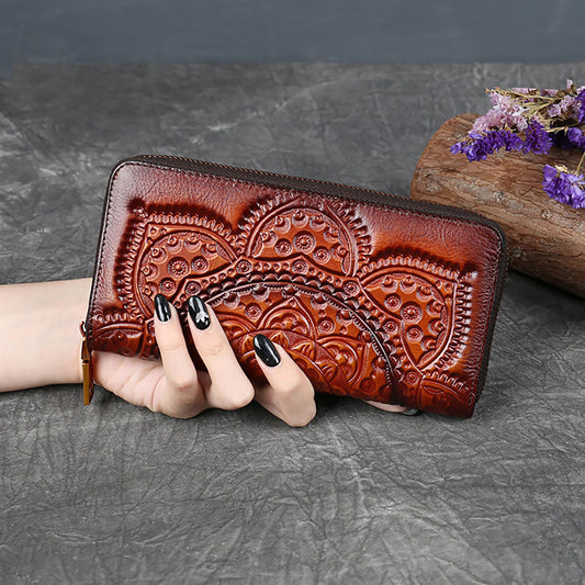 Women's Genuine Leather Carved Wallet Vintage Long Wallet Fashion Handbag