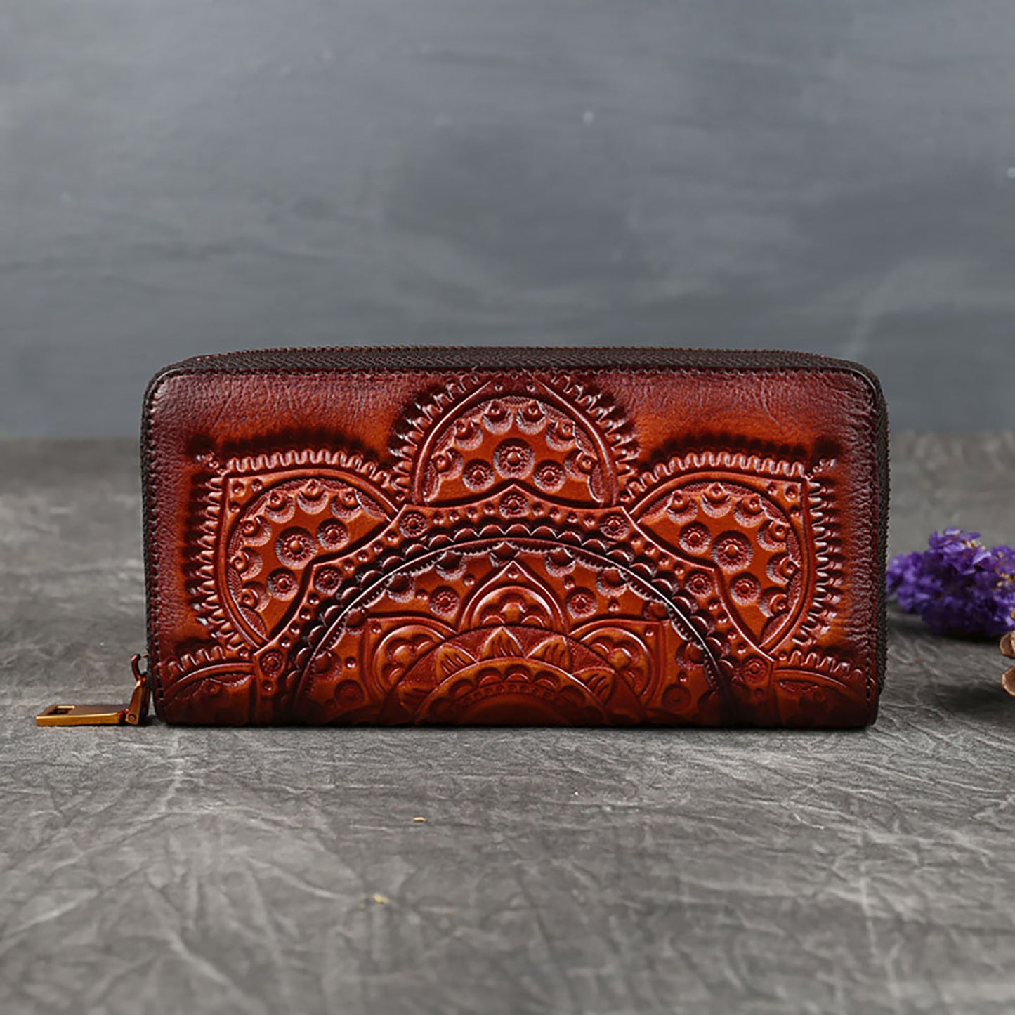 Women's Genuine Leather Carved Wallet Vintage Long Wallet Fashion Handbag