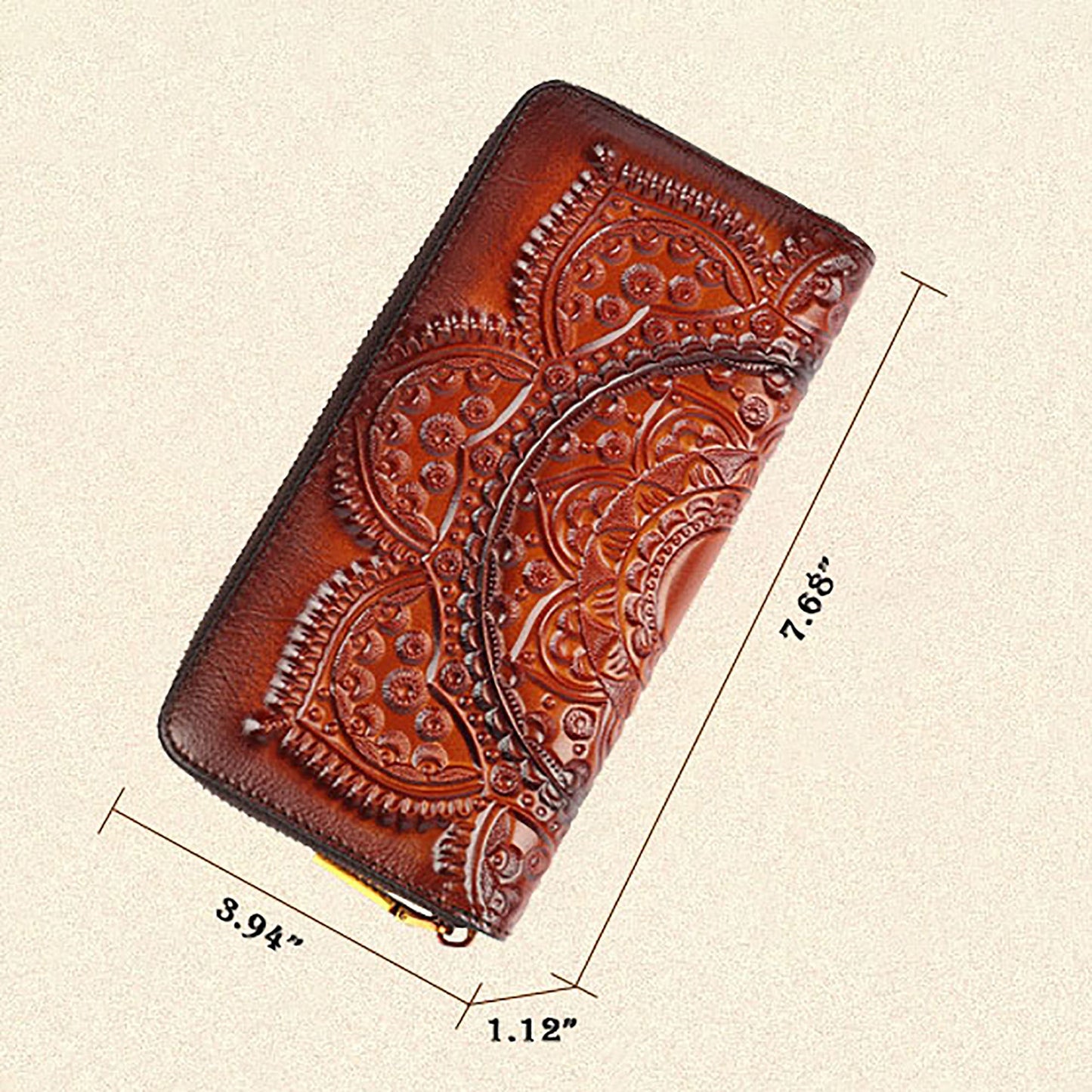 Women's Genuine Leather Carved Wallet Vintage Long Wallet Fashion Handbag