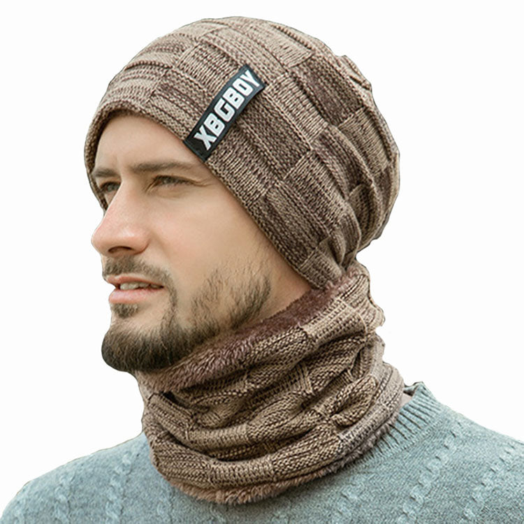 Men's 2-Pieces Winter Hat Scarf Set Warm Knit Thick Beanie Hat Muffler Scarf