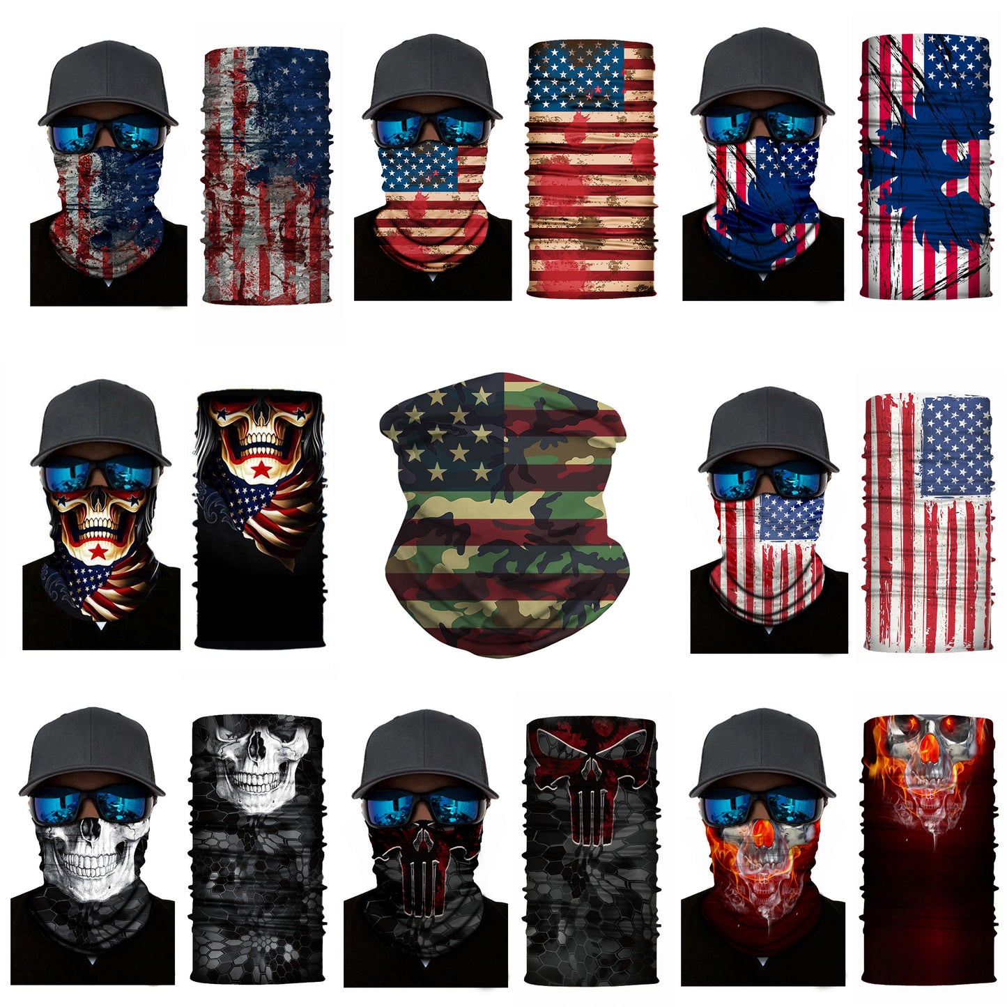 9pcs Skulls Sun Shield Mask Neck Gaiter BlacHeadband Bandana Du Rag Fishing Cap