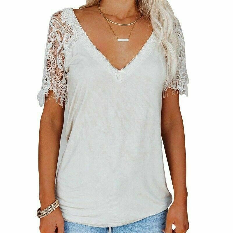 Womens Lace V Neck Short Sleeve Tops Tee Summer Casual Rhinestone Blouse T Shirt