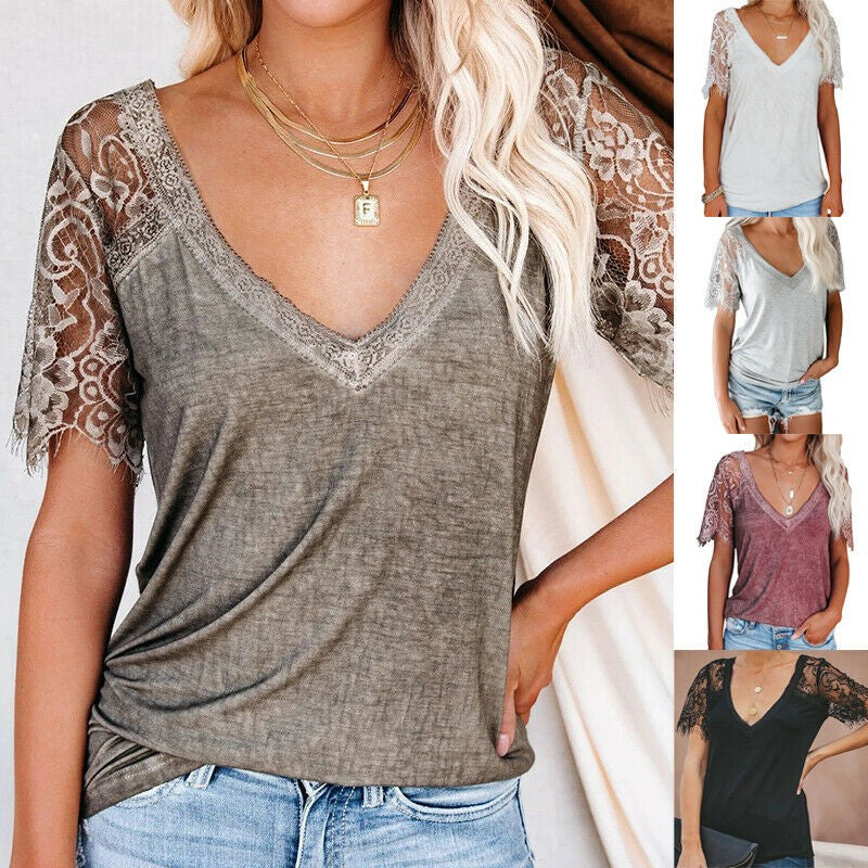 Womens Lace V Neck Short Sleeve Tops Tee Summer Casual Rhinestone Blouse T Shirt