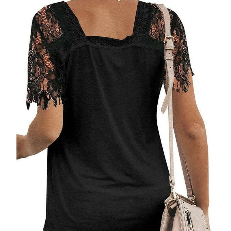 Womens Lace V Neck Short Sleeve Tops Tee Summer Casual Rhinestone Blouse T Shirt