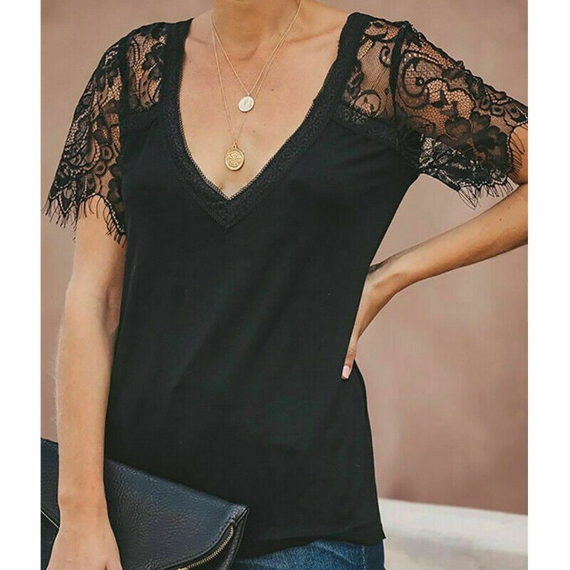 Womens Lace V Neck Short Sleeve Tops Tee Summer Casual Rhinestone Blouse T Shirt