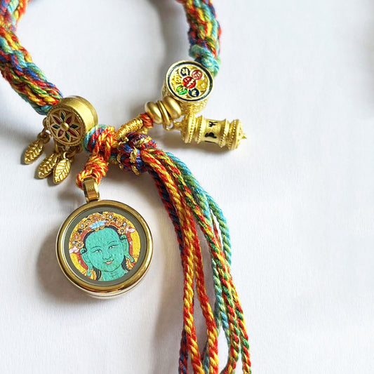 Zakiram Thangka Bracelet, Colorful Rope, God of Wealth, On The Back Lection Scripture and Ritual Rice Amulet Compile A Bracelet, Handmade