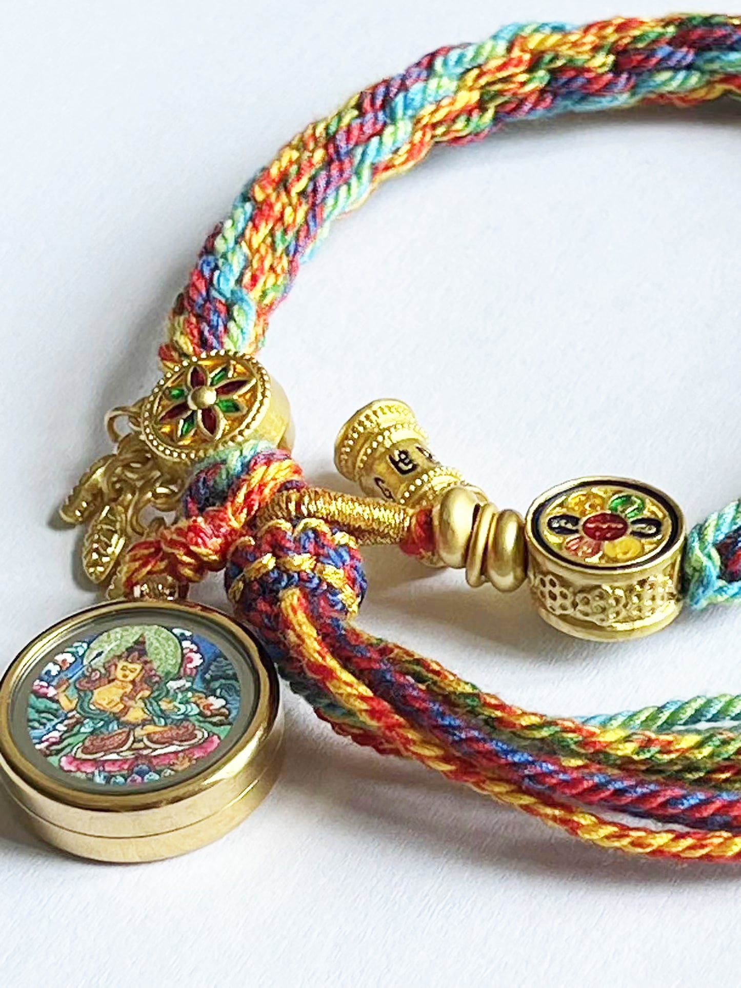 Manjushri Thangka , Colorful Rope, Bodhisattva of Wisdom, On The Back Lection Scripture and Ritual Rice Amulet Compile A Bracelet, Handmade