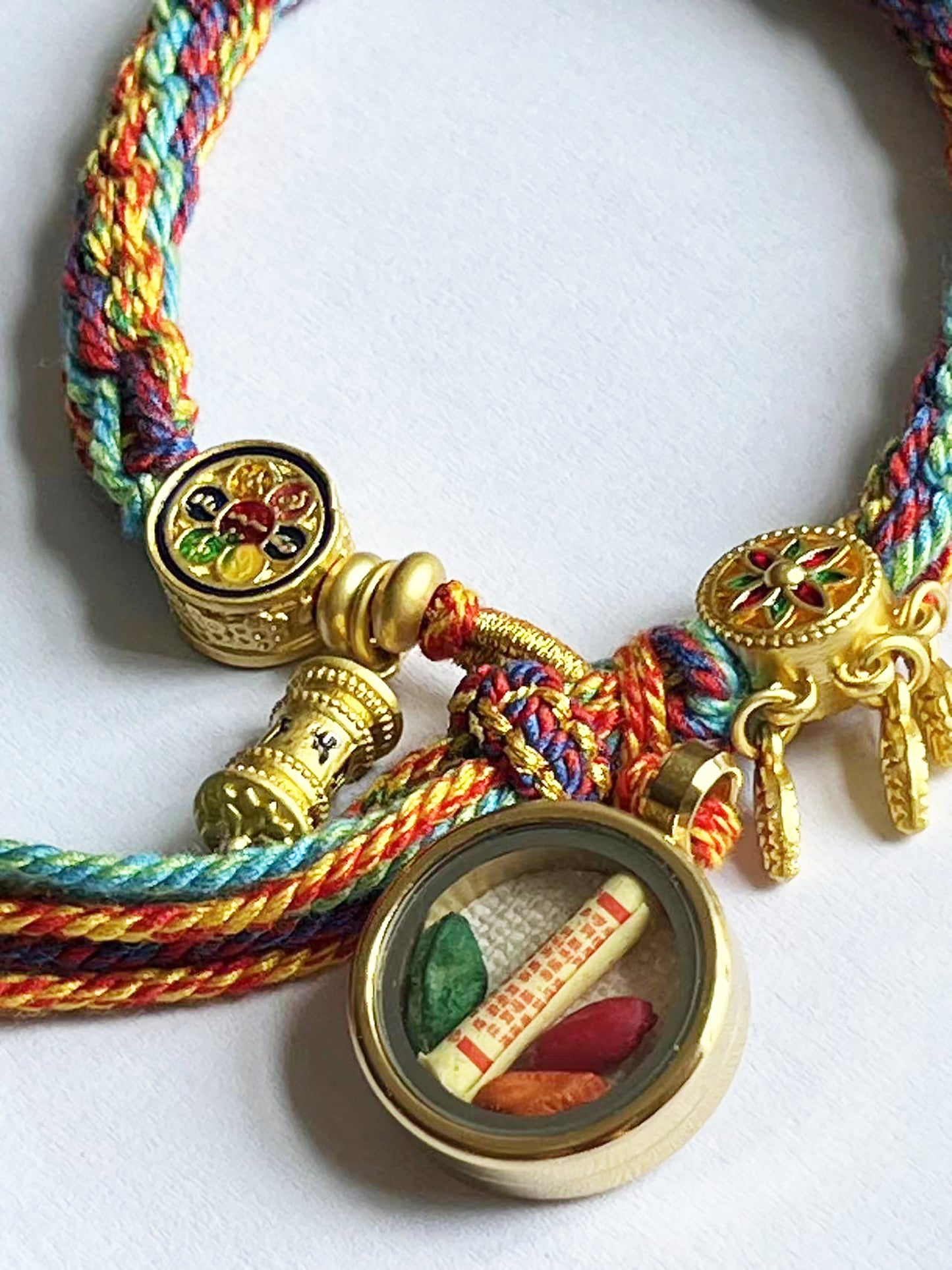 Manjushri Thangka , Colorful Rope, Bodhisattva of Wisdom, On The Back Lection Scripture and Ritual Rice Amulet Compile A Bracelet, Handmade