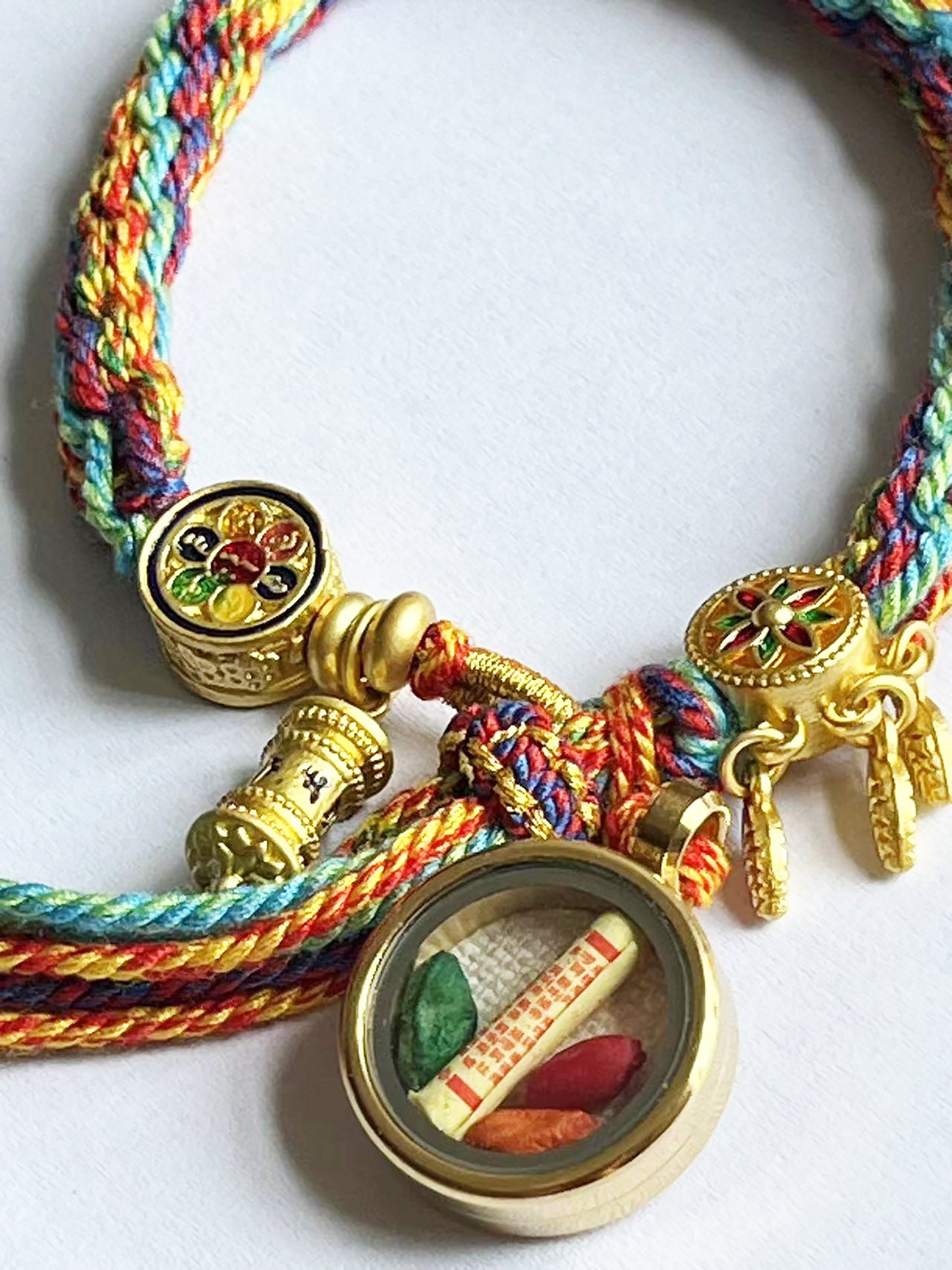 Manjushri Thangka , Colorful Rope, Bodhisattva of Wisdom, On The Back Lection Scripture and Ritual Rice Amulet Compile A Bracelet, Handmade