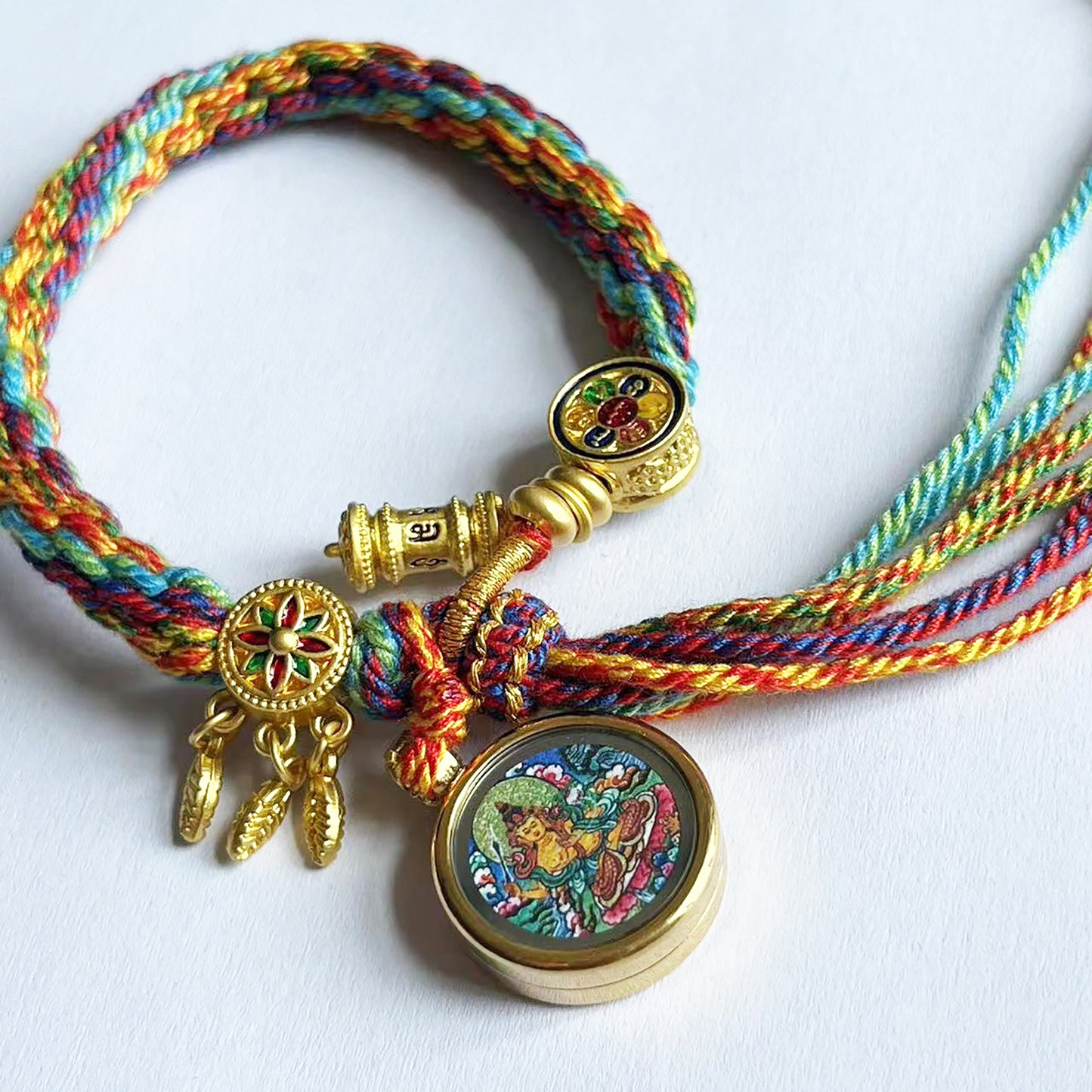 Manjushri Thangka , Colorful Rope, Bodhisattva of Wisdom, On The Back Lection Scripture and Ritual Rice Amulet Compile A Bracelet, Handmade