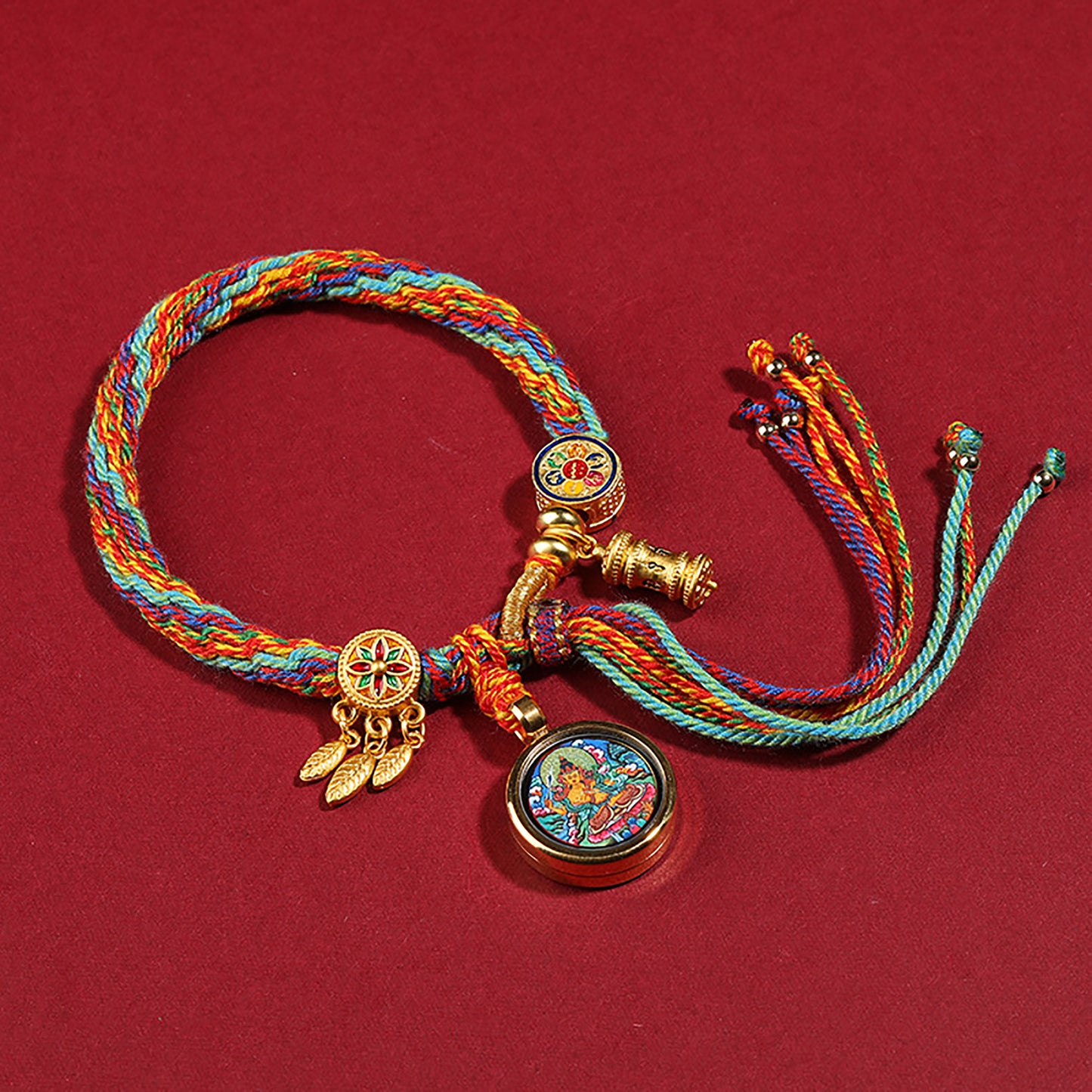 Manjushri Thangka , Colorful Rope, Bodhisattva of Wisdom, On The Back Lection Scripture and Ritual Rice Amulet Compile A Bracelet, Handmade