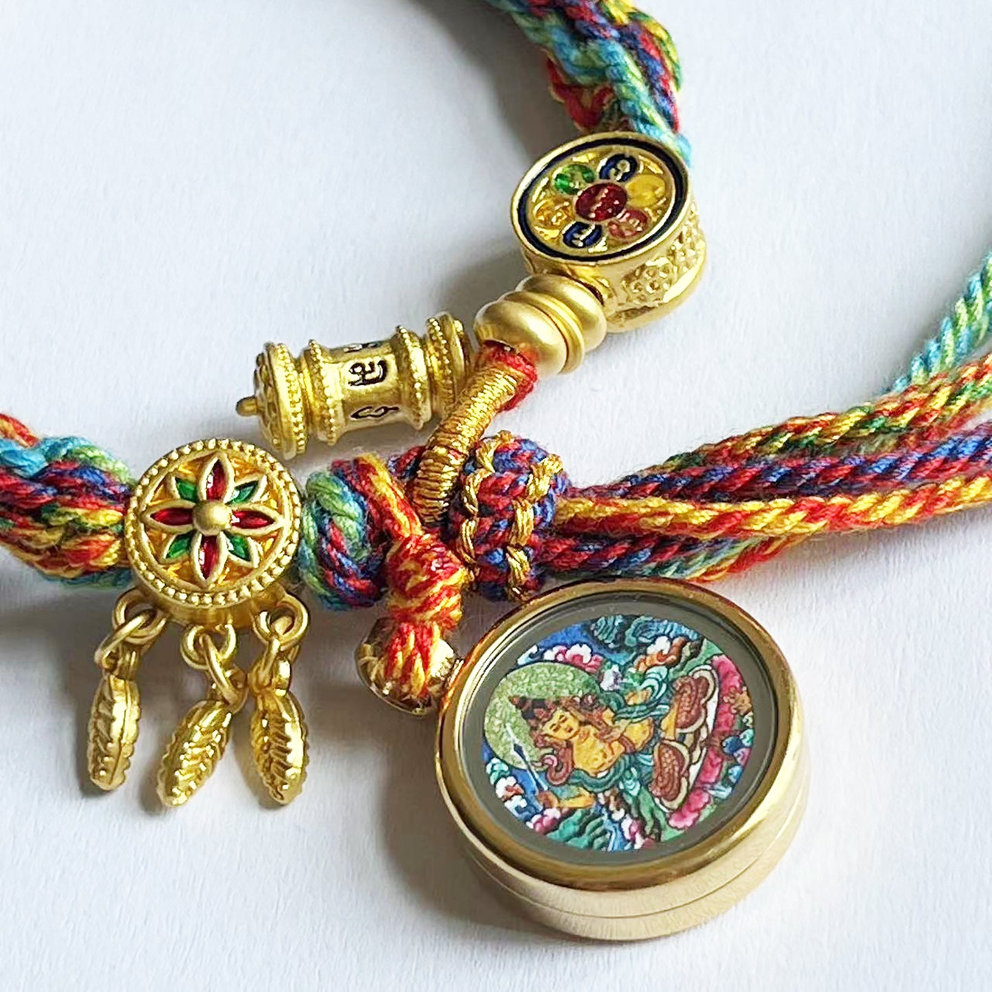 Manjushri Thangka , Colorful Rope, Bodhisattva of Wisdom, On The Back Lection Scripture and Ritual Rice Amulet Compile A Bracelet, Handmade