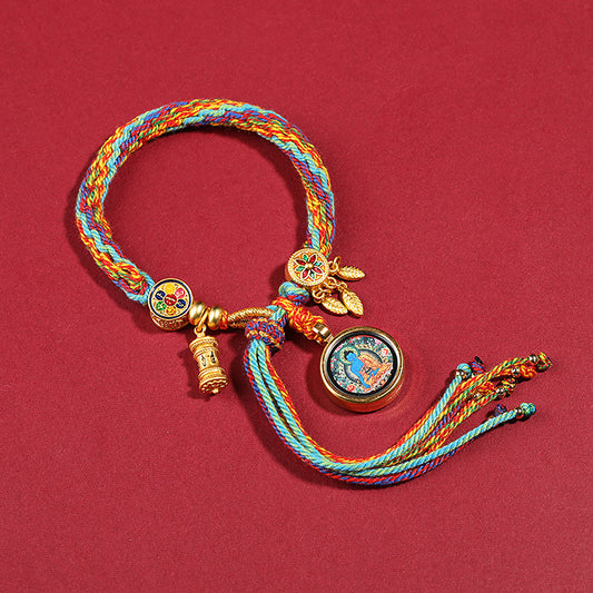 Zakiram Pendant, God of Wealth Thangka, Colorful Rope, On The Back Lection Scripture and Ritual Rice Amulet Compile A Bracelet, Handmade