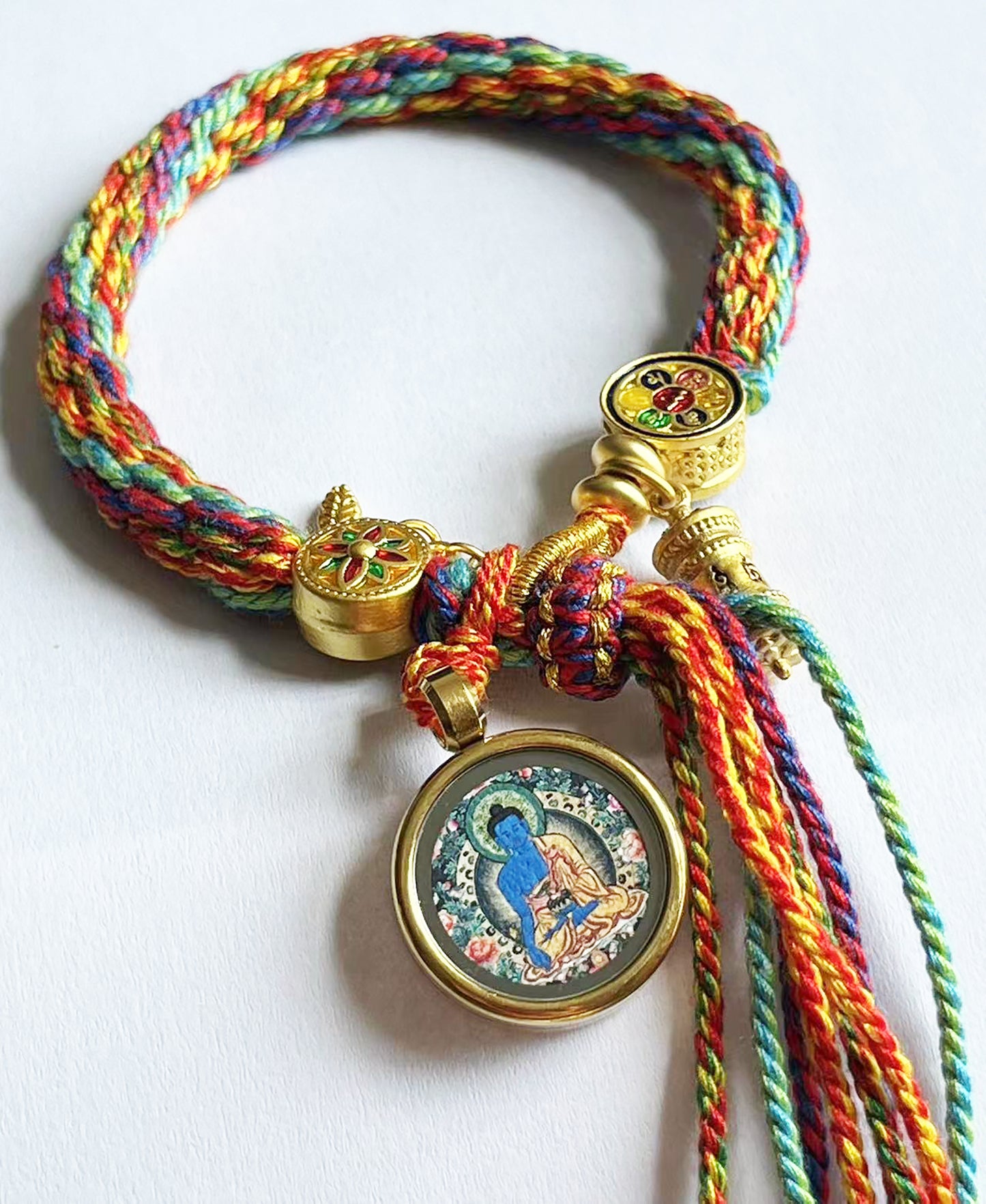 Zakiram Pendant, God of Wealth Thangka, Colorful Rope, On The Back Lection Scripture and Ritual Rice Amulet Compile A Bracelet, Handmade