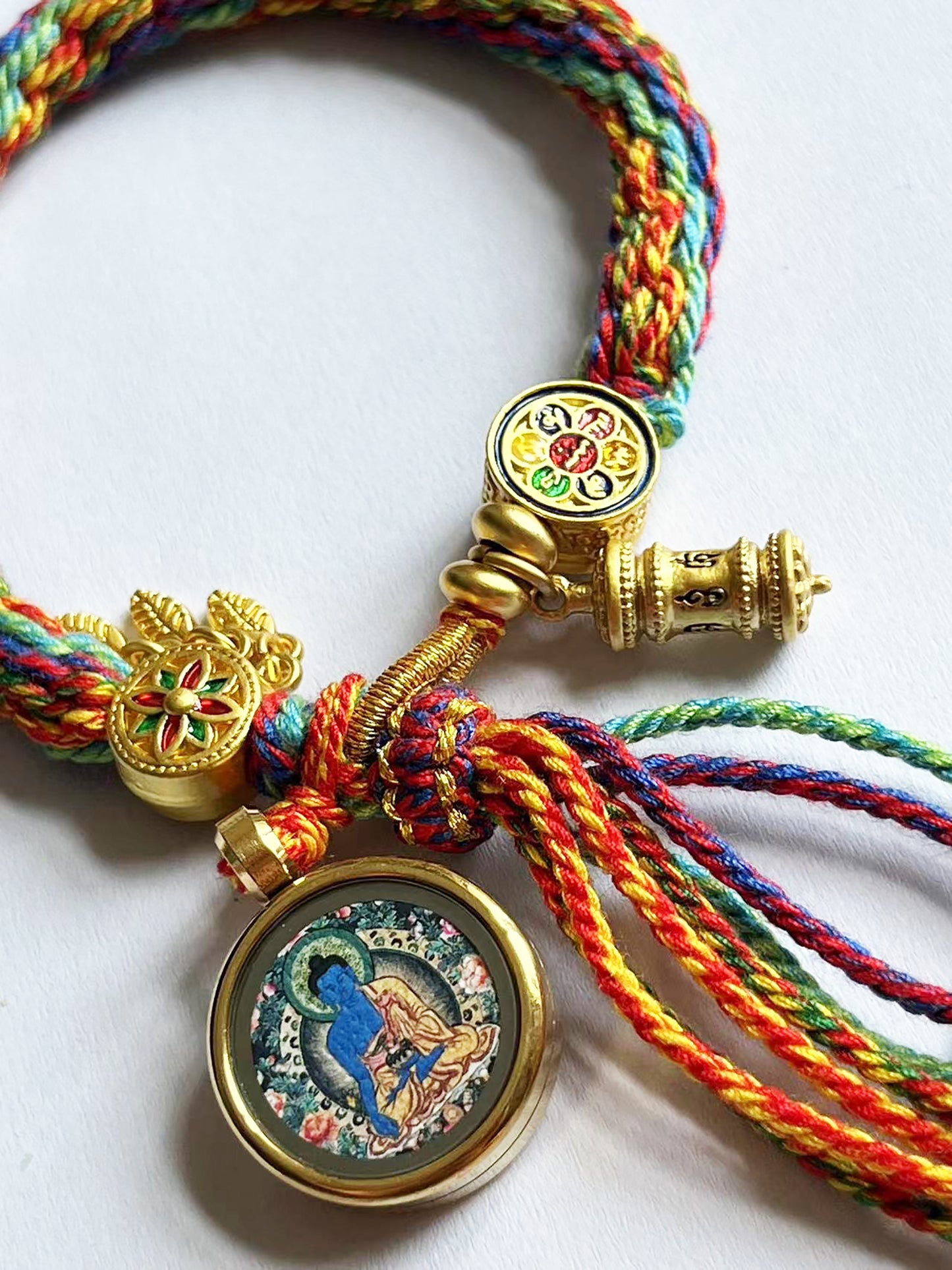 Zakiram Pendant, God of Wealth Thangka, Colorful Rope, On The Back Lection Scripture and Ritual Rice Amulet Compile A Bracelet, Handmade