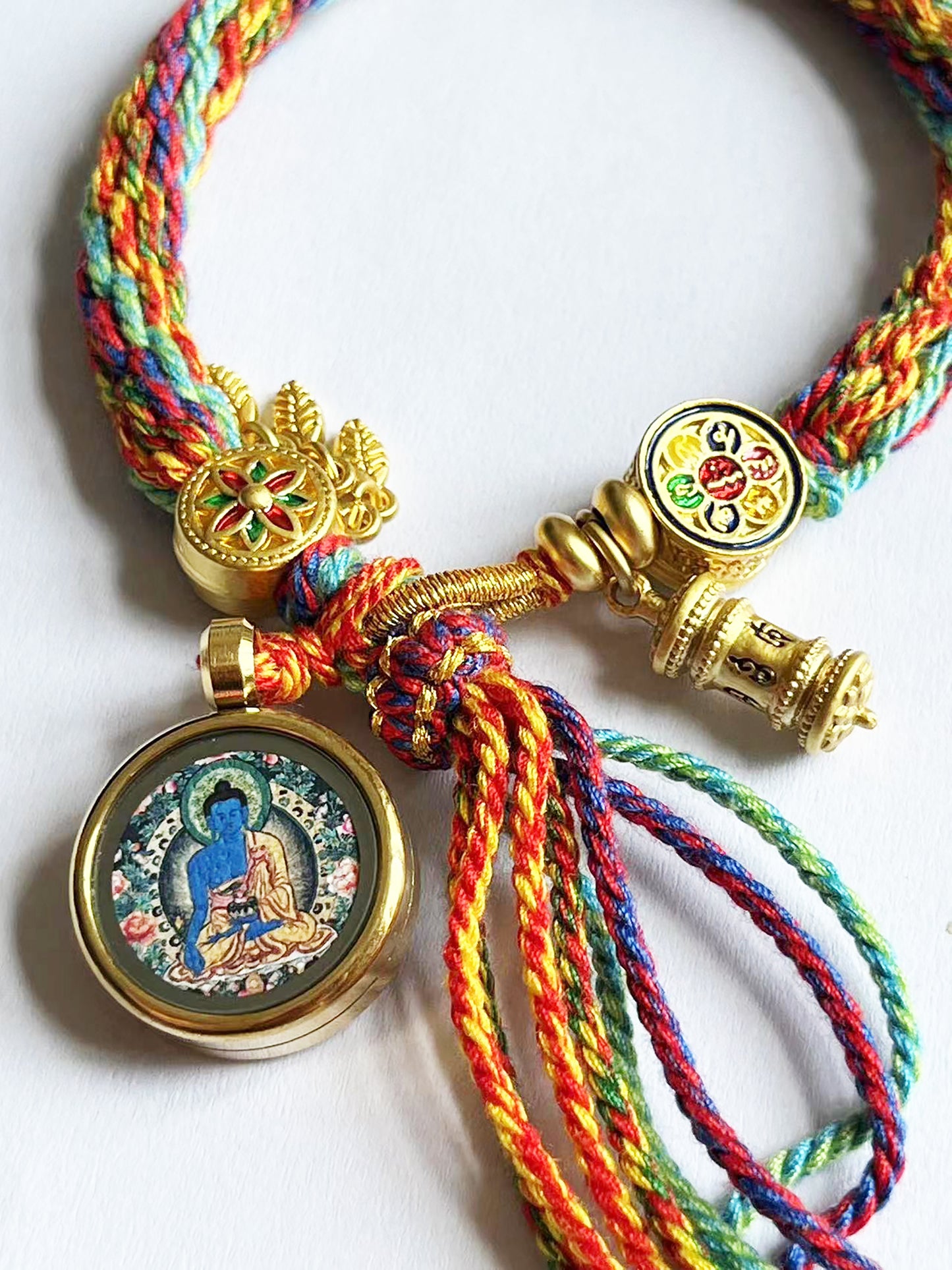 Zakiram Pendant, God of Wealth Thangka, Colorful Rope, On The Back Lection Scripture and Ritual Rice Amulet Compile A Bracelet, Handmade