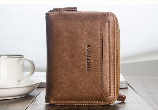 Men's Leather Bifold Credit ID Card Holder Wallet with Zipper Coin Pocket Purse