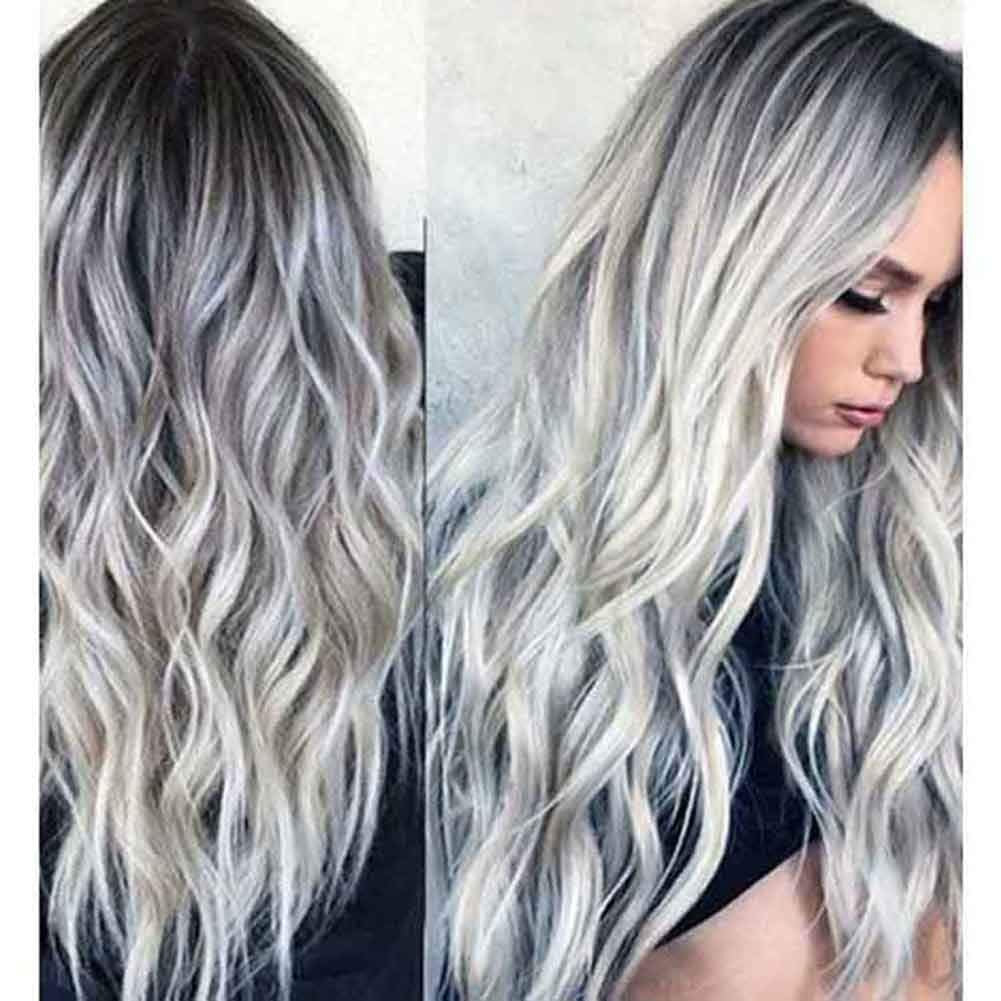 23" Natural Full Wigs Hair Long Wavy Wig Synthetic Heat Resistant Ombre Silver