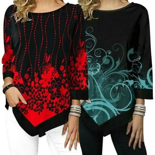 Women Floral Print Loose Irregular Blouse Long Sleeve T-Shirt Tops Ladies