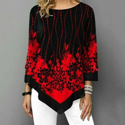 Women Floral Print Loose Irregular Blouse Long Sleeve T-Shirt Tops Ladies