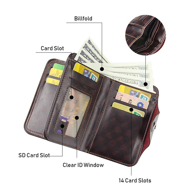 Men's Retro Leather Vertical Section ID Credit Card Holder Wallet with Hasp