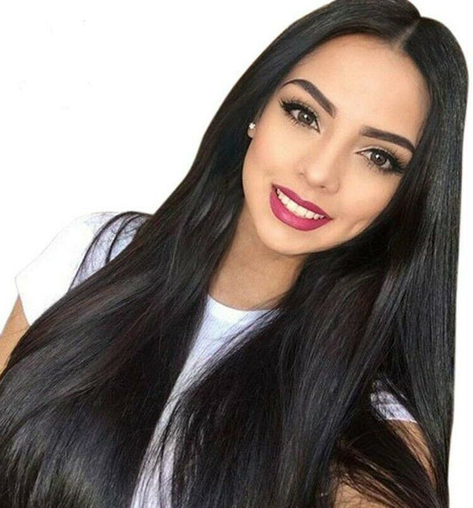 Women 30" Long Straight Black Wigs Middle Part Natural