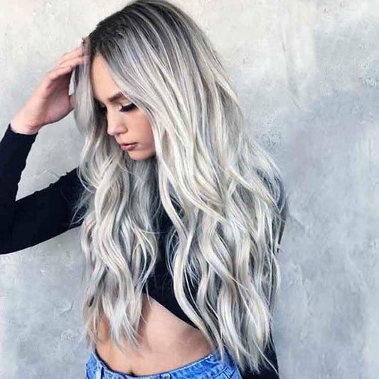 23" Natural Full Wigs Hair Long Wavy Wig Synthetic Heat Resistant Ombre Silver