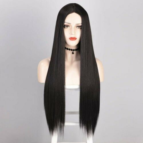 Women 30" Long Straight Black Wigs Middle Part Natural