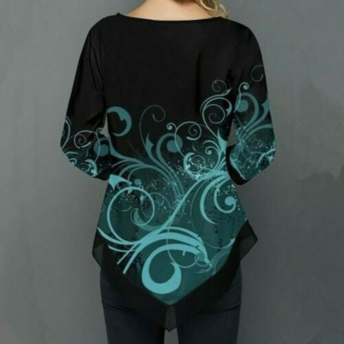 Women Floral Print Loose Irregular Blouse Long Sleeve T-Shirt Tops Ladies