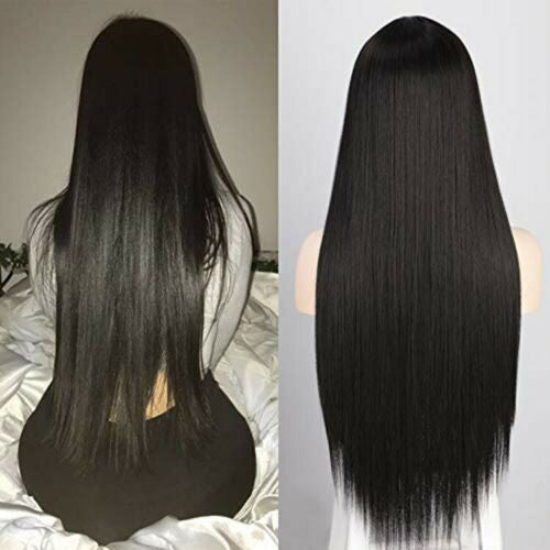 Women 30" Long Straight Black Wigs Middle Part Natural