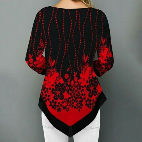 Women Floral Print Loose Irregular Blouse Long Sleeve T-Shirt Tops Ladies